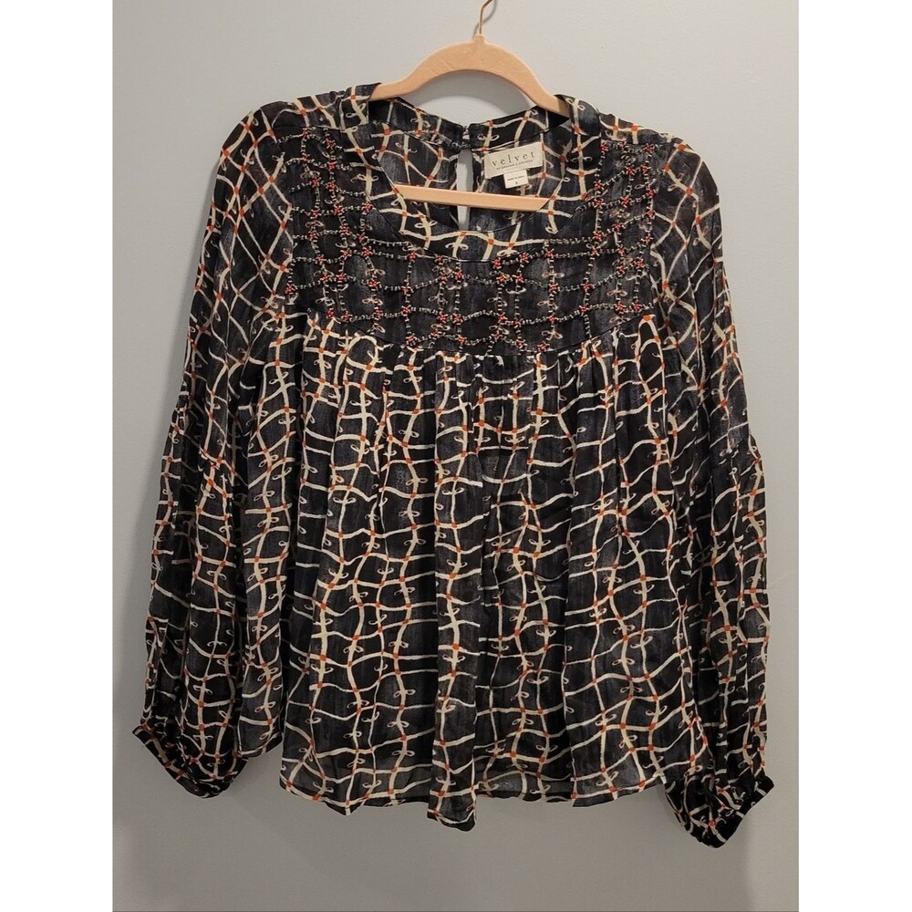 VELVET Eileen Fisher Black Patterned Long Sleeve Smocked Yoke Blouse Women SZ S